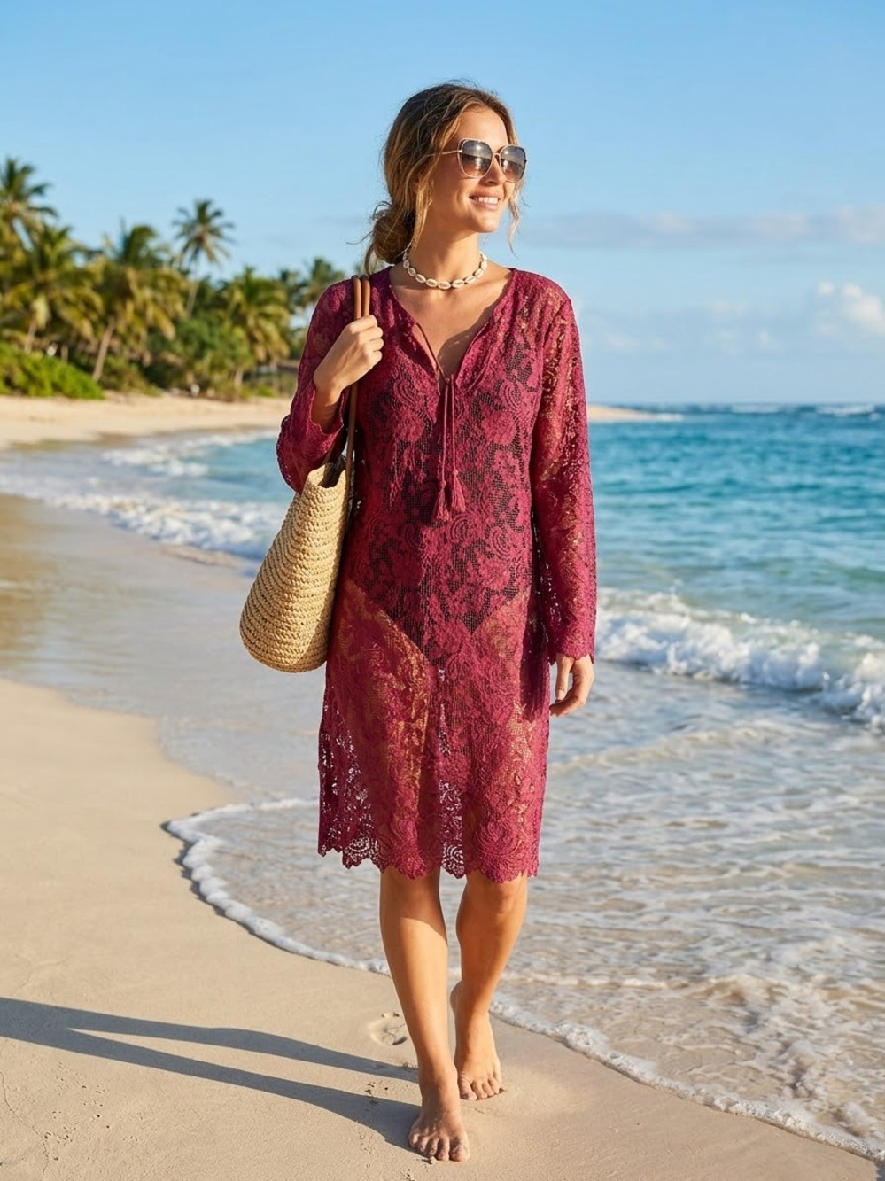 Johnny was Women's Lace Beach Cover-Up Tunic Dress in Burgundy Sz large